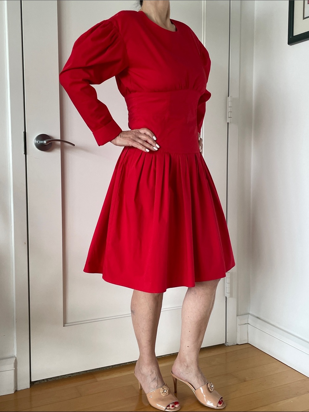 Red Long-Sleeve Fashion Gathered Waist Dress